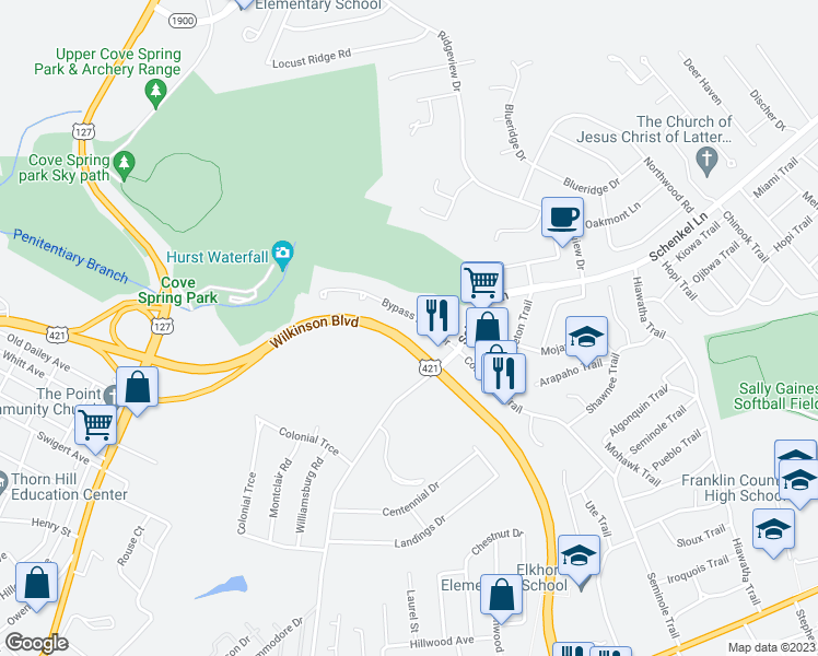 map of restaurants, bars, coffee shops, grocery stores, and more near 102 Bypass Plaza Drive in Frankfort