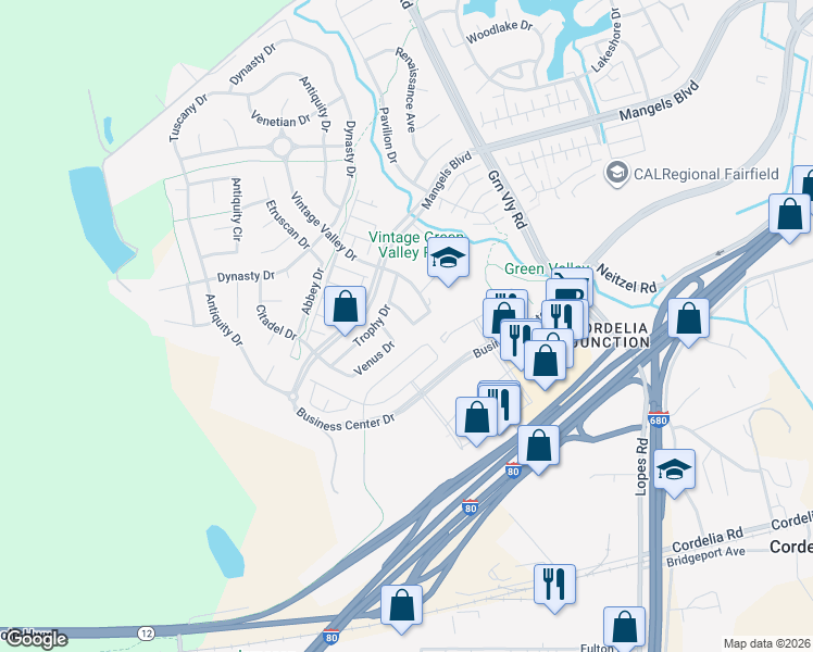 map of restaurants, bars, coffee shops, grocery stores, and more near 578 Versailles Avenue in Fairfield