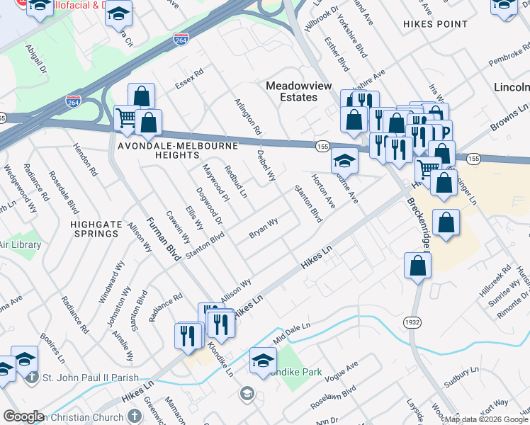 map of restaurants, bars, coffee shops, grocery stores, and more near 3429 Bryan Way in Louisville