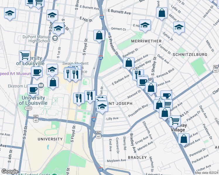 map of restaurants, bars, coffee shops, grocery stores, and more near 512 East Barbee Avenue in Louisville
