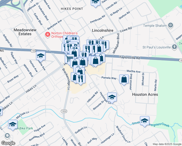 map of restaurants, bars, coffee shops, grocery stores, and more near 3006 Pamela Way in Louisville