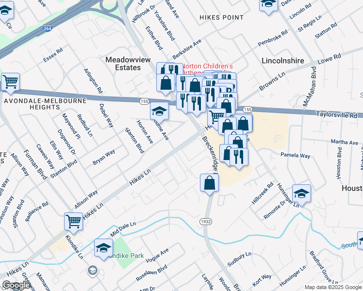 map of restaurants, bars, coffee shops, grocery stores, and more near 211 El Conquistador Place in Louisville