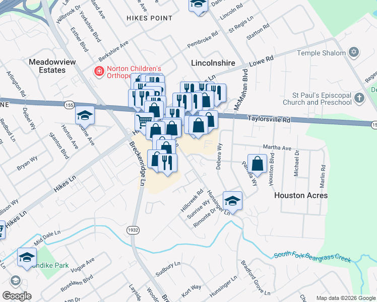 map of restaurants, bars, coffee shops, grocery stores, and more near 3006 Pamela Way in Louisville