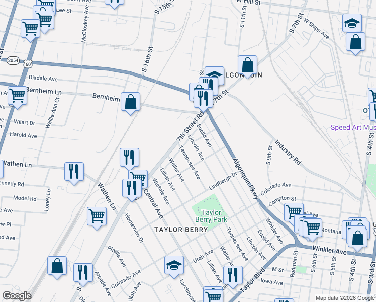 map of restaurants, bars, coffee shops, grocery stores, and more near 1325 Tennessee Avenue in Louisville