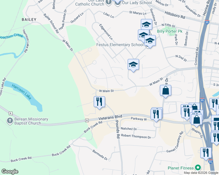 map of restaurants, bars, coffee shops, grocery stores, and more near 350 Meadow Wood Drive in Festus
