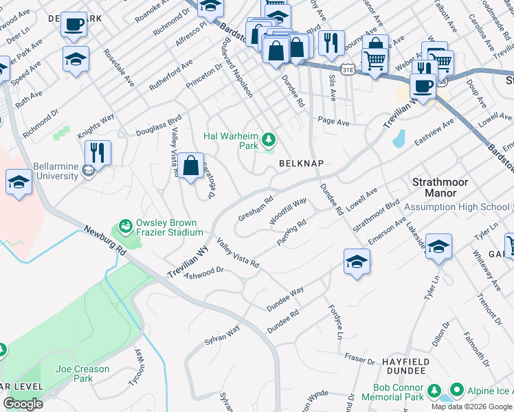 map of restaurants, bars, coffee shops, grocery stores, and more near 1849 Gresham Road in Louisville