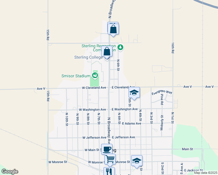 map of restaurants, bars, coffee shops, grocery stores, and more near 101 East Cleveland Avenue in Sterling