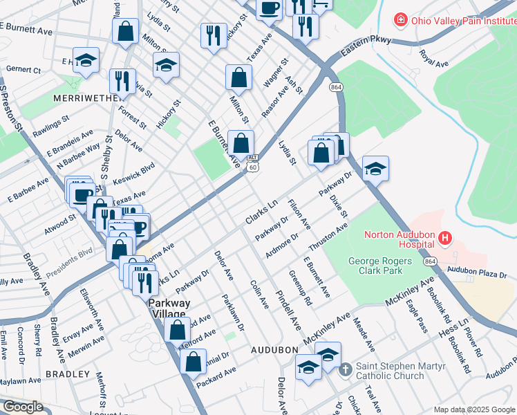 map of restaurants, bars, coffee shops, grocery stores, and more near 926 Clarks Lane in Louisville
