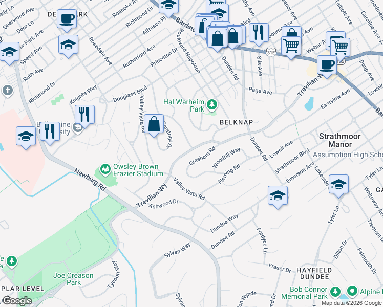 map of restaurants, bars, coffee shops, grocery stores, and more near 1712 Trevilian Way in Louisville