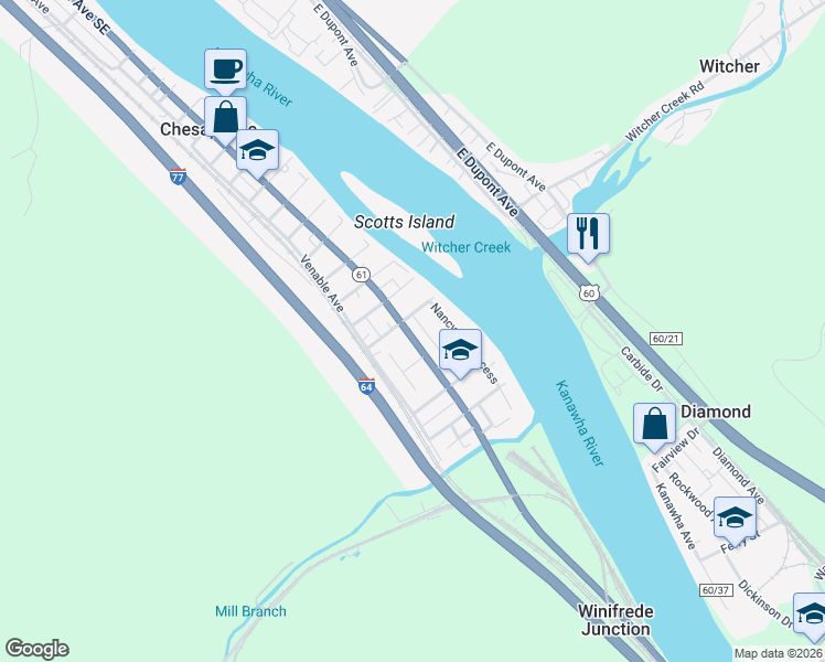 map of restaurants, bars, coffee shops, grocery stores, and more near 13508 MacCorkle Avenue Southeast in Chesapeake