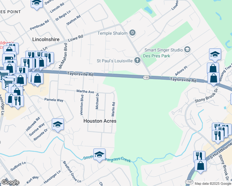 map of restaurants, bars, coffee shops, grocery stores, and more near 3103 Marlin Road in Louisville