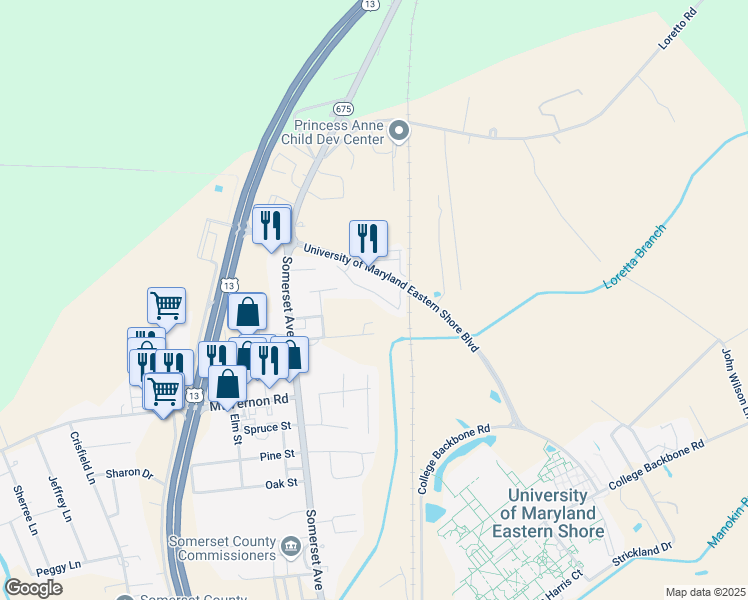 map of restaurants, bars, coffee shops, grocery stores, and more near 30515 Maryland 822 in Princess Anne