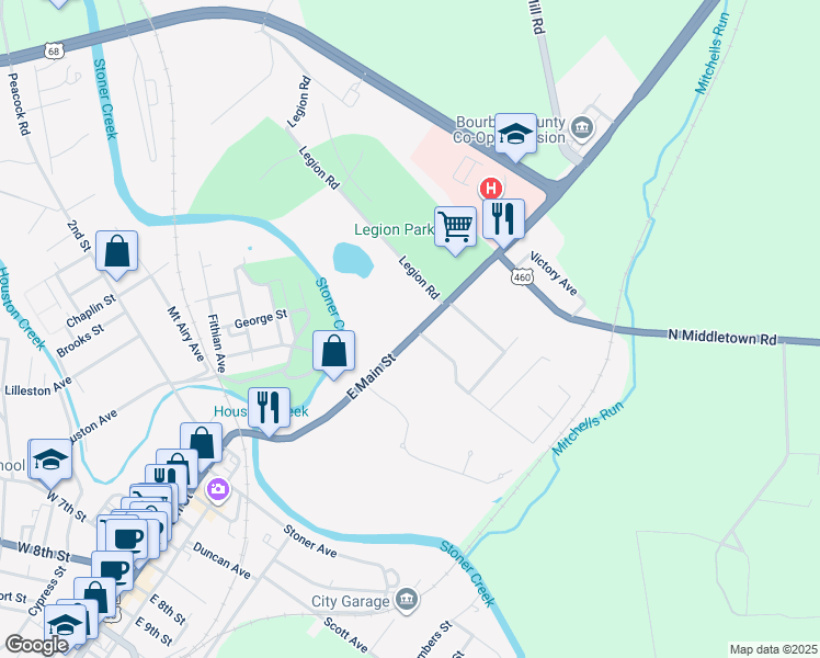 map of restaurants, bars, coffee shops, grocery stores, and more near 217 East Main Street in Paris