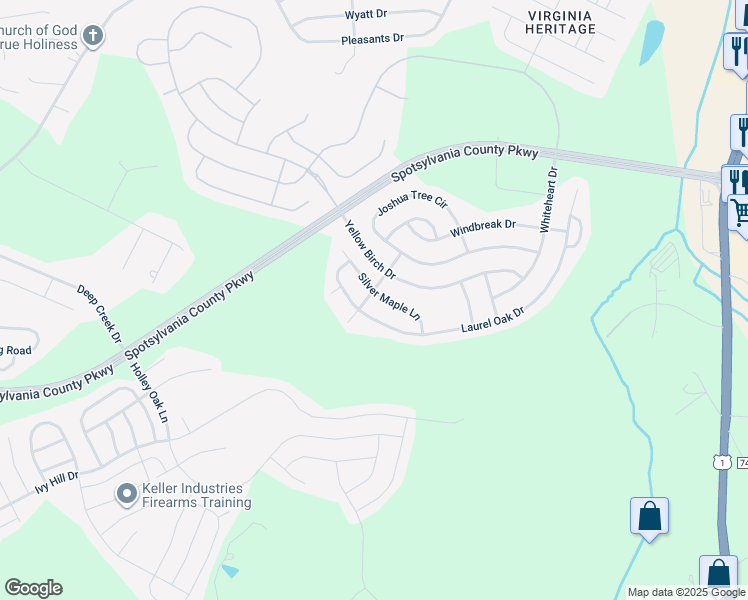 map of restaurants, bars, coffee shops, grocery stores, and more near 5424 Silver Maple Lane in Fredericksburg