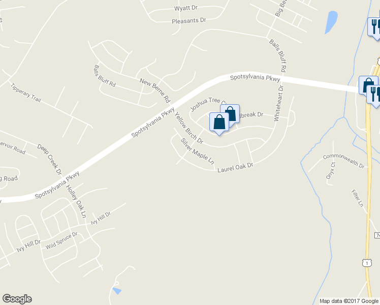 map of restaurants, bars, coffee shops, grocery stores, and more near 5424 Silver Maple Lane in Fredericksburg