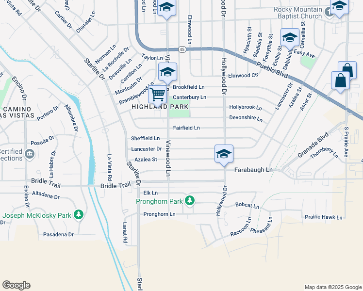 map of restaurants, bars, coffee shops, grocery stores, and more near 3824 Lancaster Drive in Pueblo