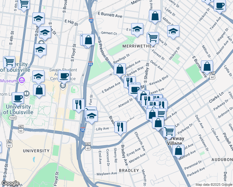 map of restaurants, bars, coffee shops, grocery stores, and more near 659 Lynn Street in Louisville