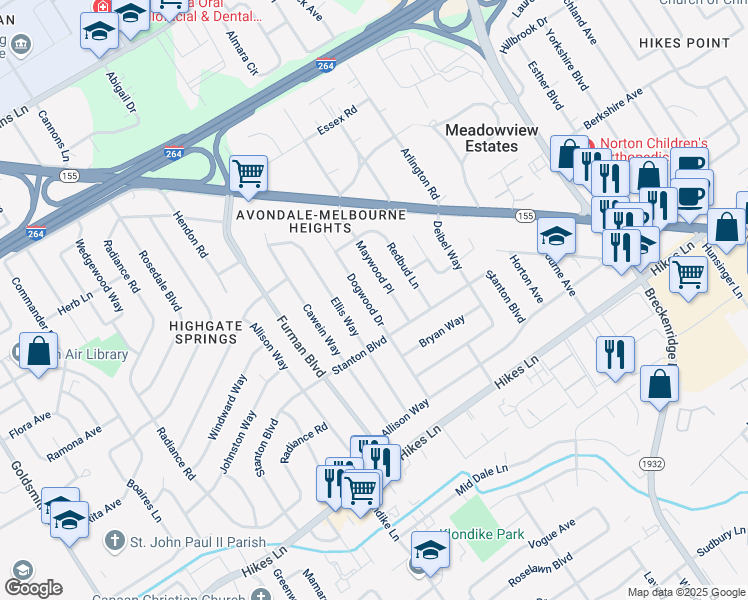 map of restaurants, bars, coffee shops, grocery stores, and more near 3131 Dogwood Drive in Louisville