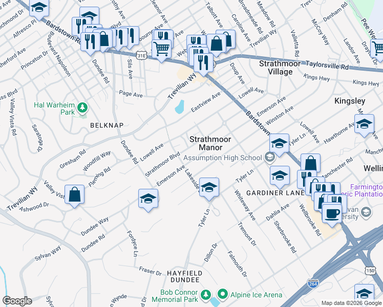 map of restaurants, bars, coffee shops, grocery stores, and more near 2014 Emerson Avenue in Louisville