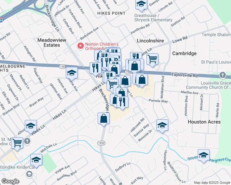 map of restaurants, bars, coffee shops, grocery stores, and more near 3039 Breckenridge Lane in Louisville