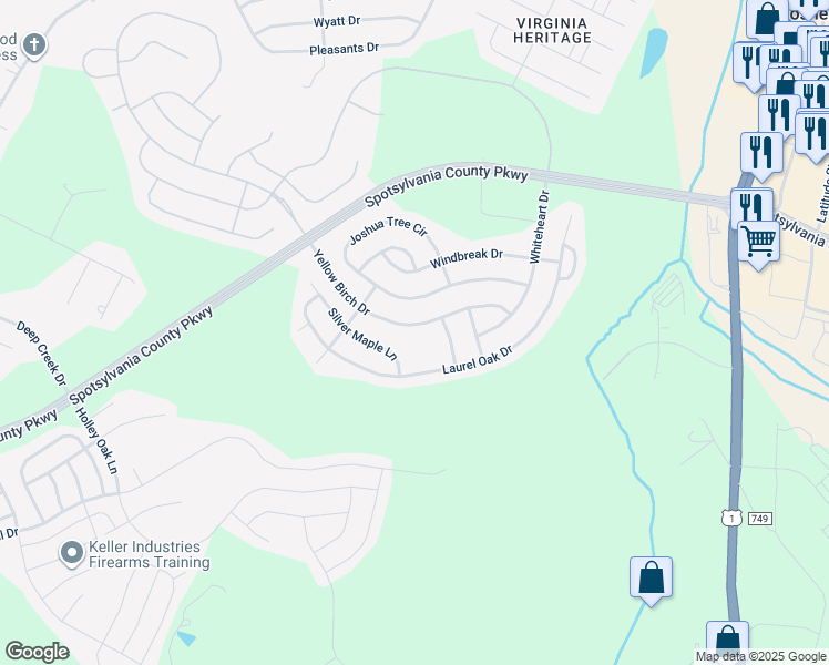 map of restaurants, bars, coffee shops, grocery stores, and more near 5308 Yellow Birch Drive in Fredericksburg