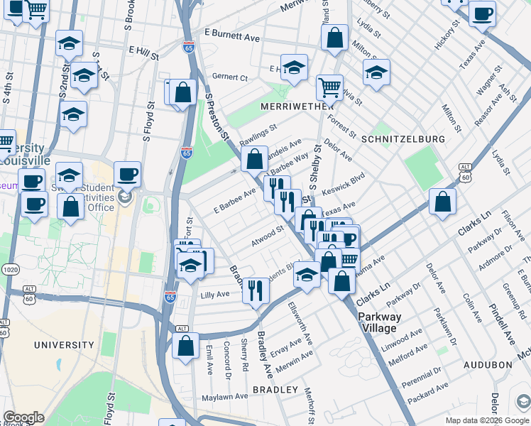 map of restaurants, bars, coffee shops, grocery stores, and more near 659 Lynn Street in Louisville