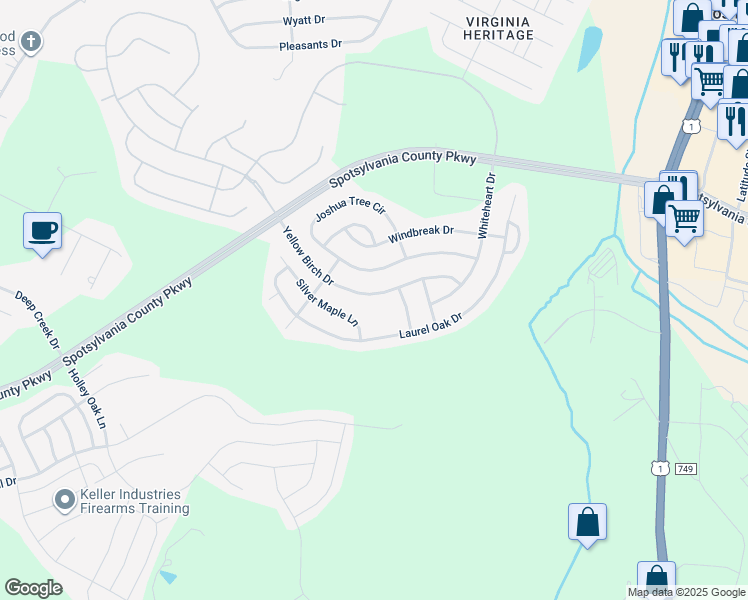 map of restaurants, bars, coffee shops, grocery stores, and more near 5308 Yellow Birch Drive in Fredericksburg