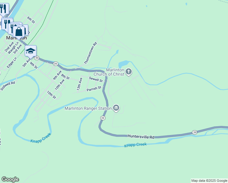 map of restaurants, bars, coffee shops, grocery stores, and more near 1284 Huntersville Road in Marlinton
