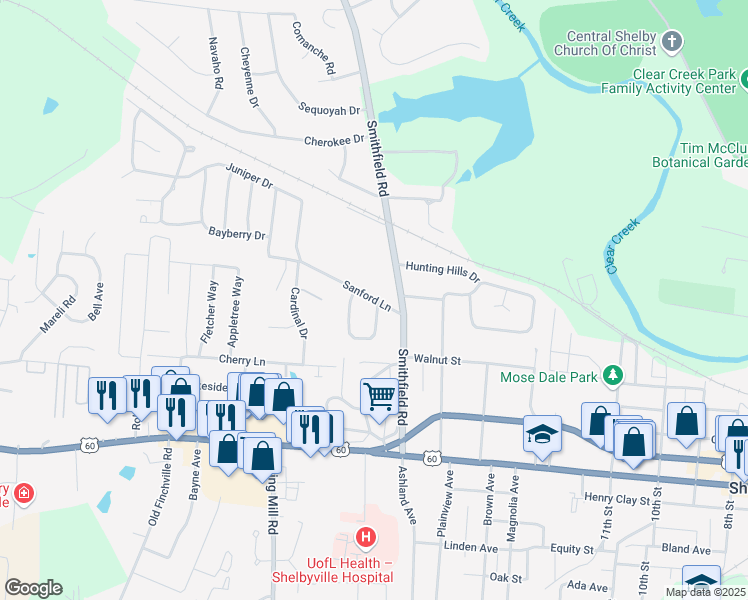 map of restaurants, bars, coffee shops, grocery stores, and more near 88 Smithland Drive in Shelbyville