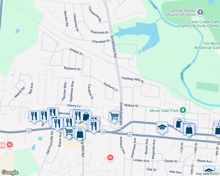 map of restaurants, bars, coffee shops, grocery stores, and more near 88 Smithland Drive in Shelbyville
