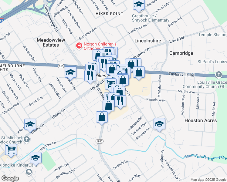 map of restaurants, bars, coffee shops, grocery stores, and more near 3039 Breckenridge Lane in Louisville