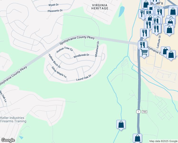 map of restaurants, bars, coffee shops, grocery stores, and more near 9507 Whiteheart Drive in Fredericksburg