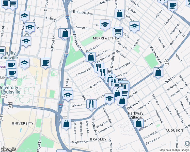 map of restaurants, bars, coffee shops, grocery stores, and more near 679 Atwood Street in Louisville