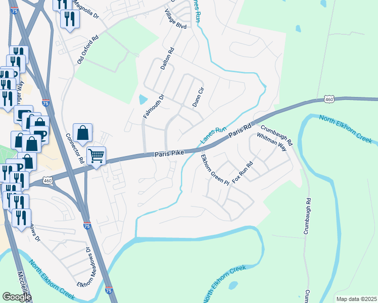 map of restaurants, bars, coffee shops, grocery stores, and more near 3140 Paris Pike in Georgetown