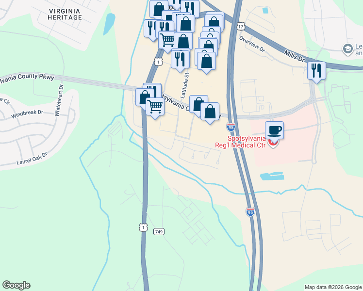 map of restaurants, bars, coffee shops, grocery stores, and more near 4660 Monroe Way in Fredericksburg
