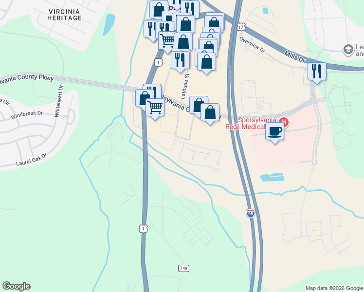 map of restaurants, bars, coffee shops, grocery stores, and more near 4660 Monroe Way in Fredericksburg