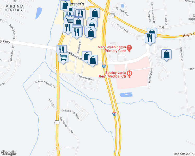 map of restaurants, bars, coffee shops, grocery stores, and more near 4706 Spotsylvania Parkway in Fredericksburg