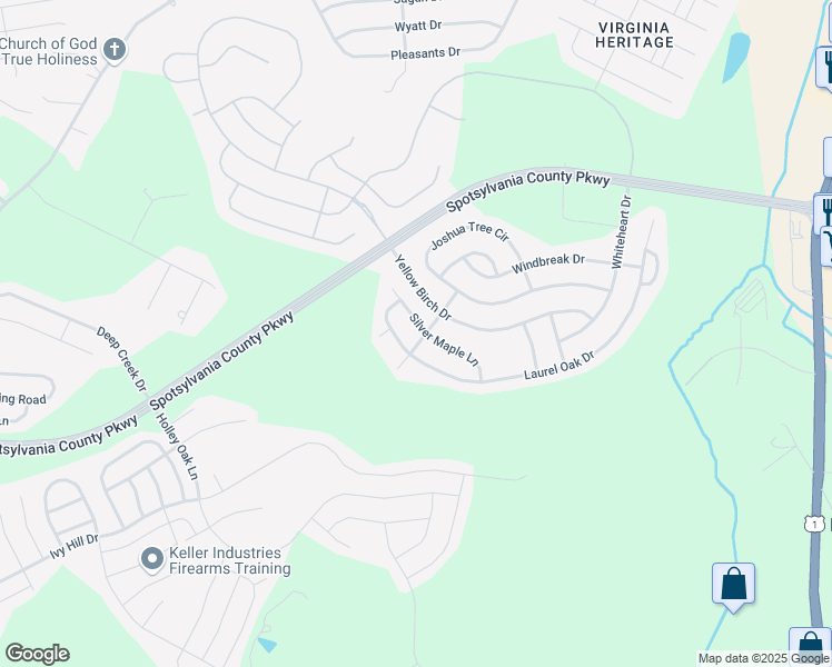 map of restaurants, bars, coffee shops, grocery stores, and more near 5500 Silver Maple Lane in Fredericksburg