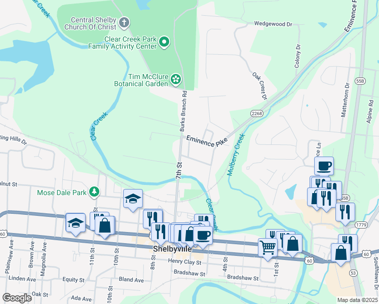 map of restaurants, bars, coffee shops, grocery stores, and more near 45 7th Street in Shelbyville
