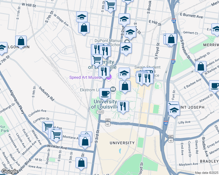 map of restaurants, bars, coffee shops, grocery stores, and more near 2035 South 3rd Street in Louisville