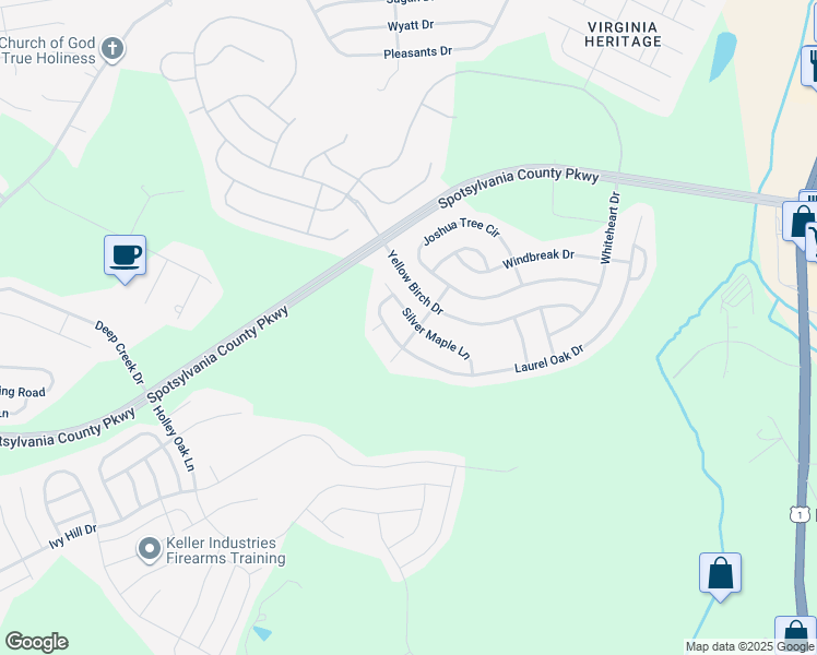 map of restaurants, bars, coffee shops, grocery stores, and more near 5500 Silver Maple Lane in Fredericksburg