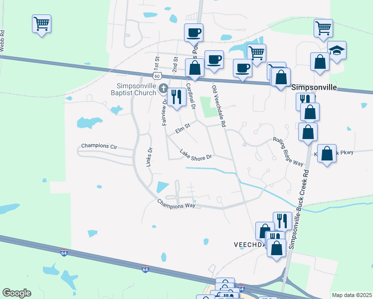 map of restaurants, bars, coffee shops, grocery stores, and more near 211 Lake Shore Drive in Simpsonville