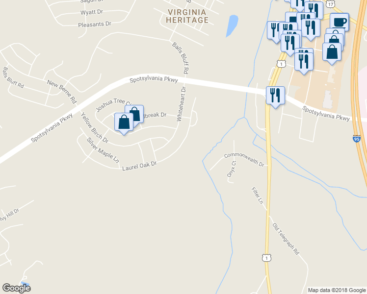 map of restaurants, bars, coffee shops, grocery stores, and more near 9519 Laurel Oak Drive in Fredericksburg