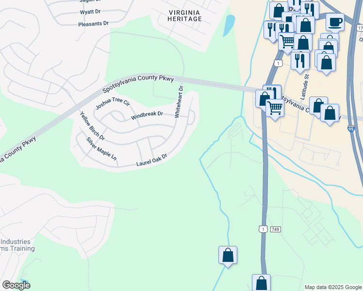 map of restaurants, bars, coffee shops, grocery stores, and more near 9519 Laurel Oak Drive in Fredericksburg
