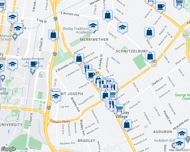 map of restaurants, bars, coffee shops, grocery stores, and more near 716 Lynn Street in Louisville