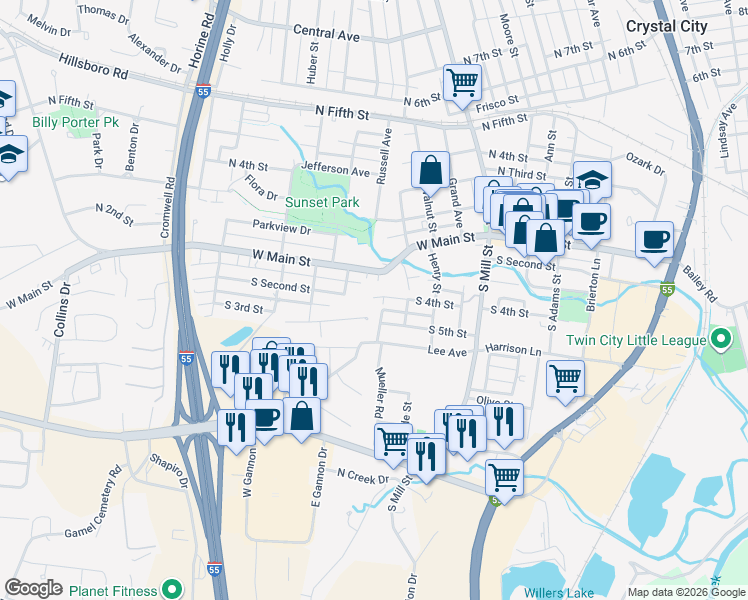 map of restaurants, bars, coffee shops, grocery stores, and more near 621 South 5th Street in Festus