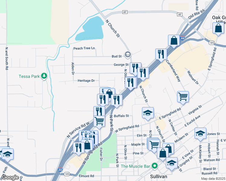 map of restaurants, bars, coffee shops, grocery stores, and more near 295-531 North Service Rd W in Sullivan