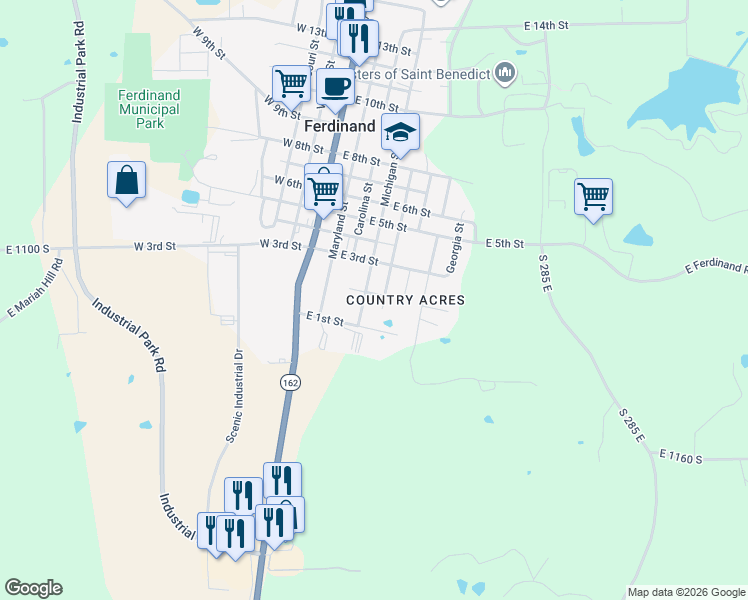 map of restaurants, bars, coffee shops, grocery stores, and more near 432 East 1st Street in Ferdinand