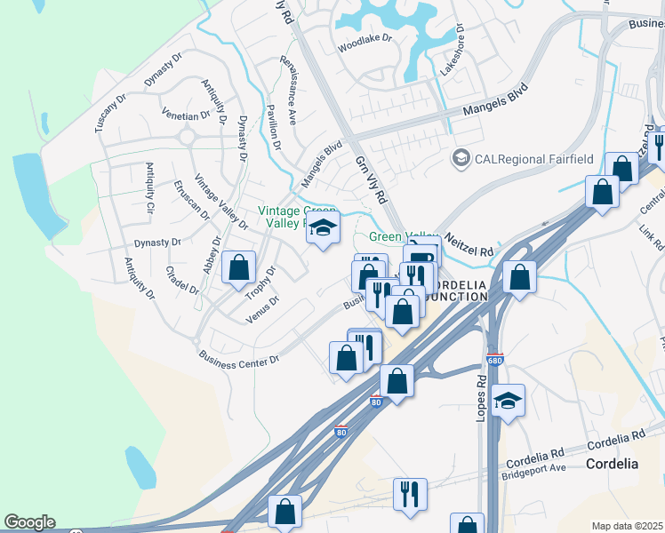 map of restaurants, bars, coffee shops, grocery stores, and more near 5050 Business Center Drive in Fairfield
