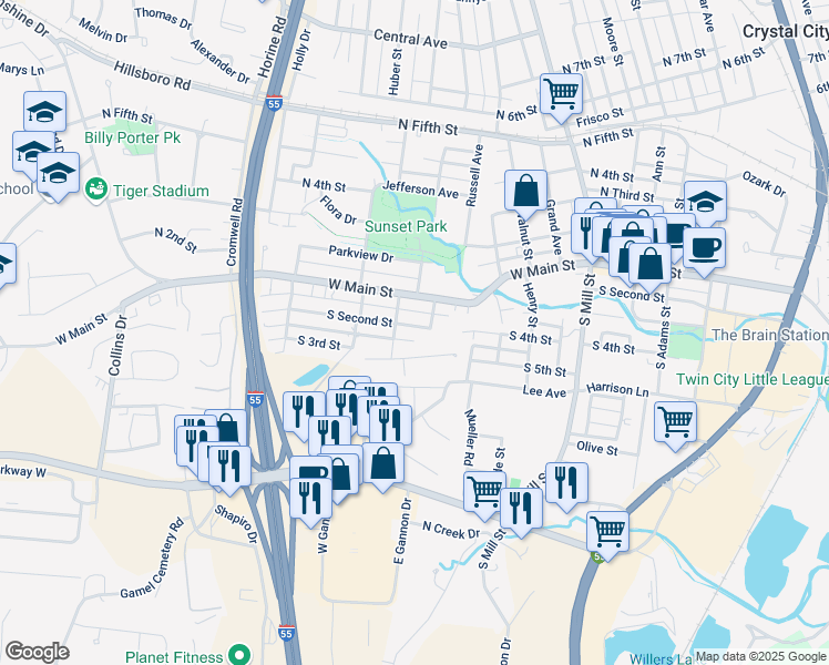 map of restaurants, bars, coffee shops, grocery stores, and more near 710 South 2nd Street in Festus